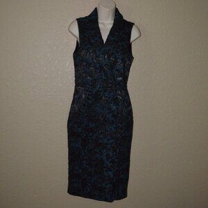 Sz 6 Yigal Azrouel Teal Green Black Texured Print Sleeveless Sheath Dress